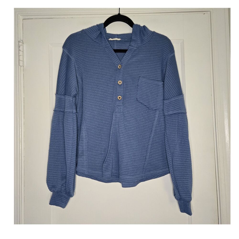 Blue Knit Hoodie Womens S Button Front Pullover Hooded Pockets Cozy